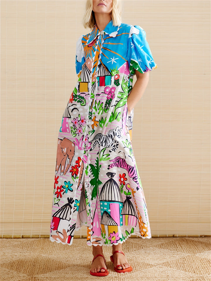 Women's Tropical Beach Midi Summer Dress with Lapel Neckline