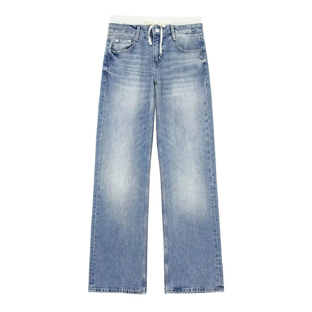 Jeans clásicos y elegantes de mujer de tiro medio con pierna recta y cordones