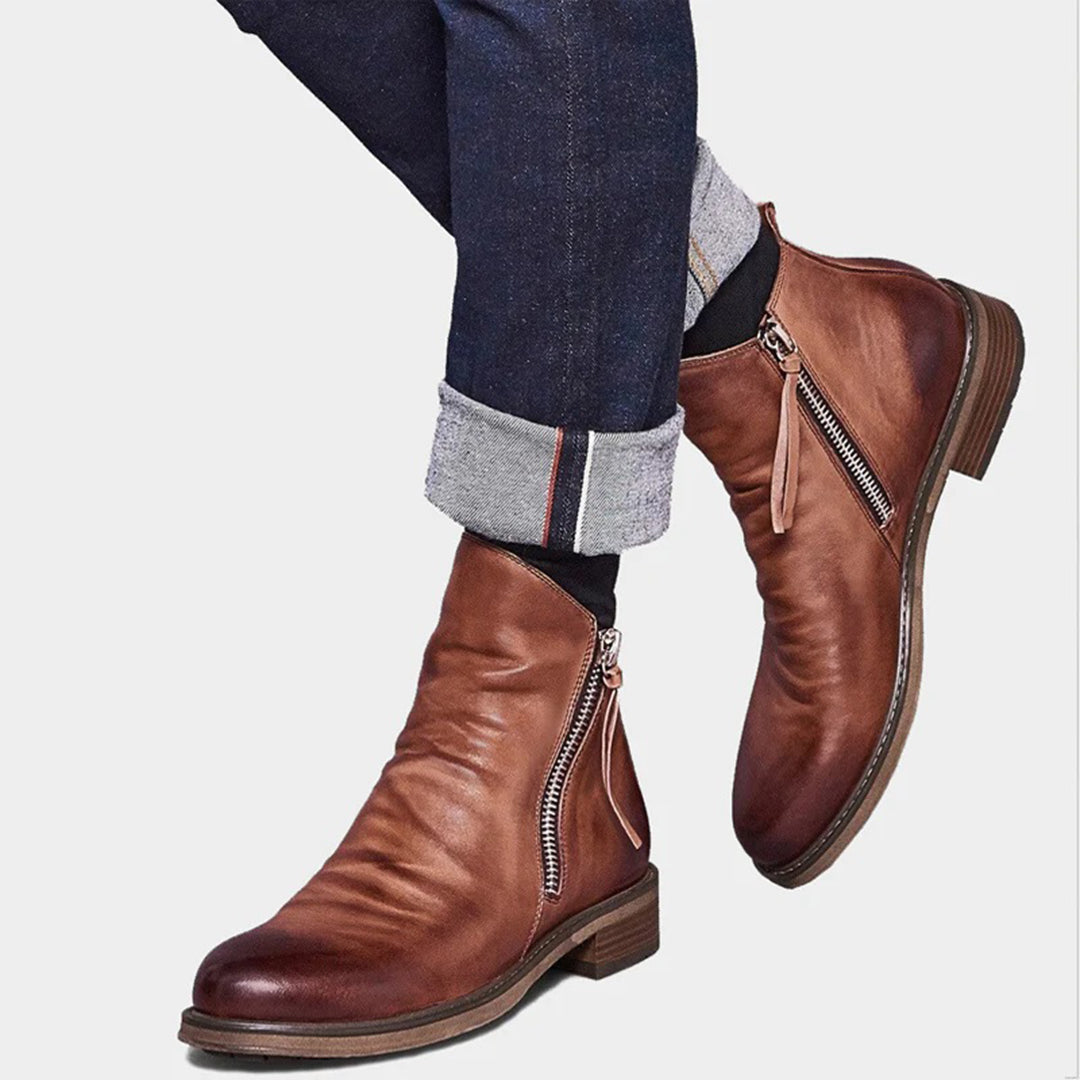 Stylish Elegance Sturdy Leather Men's Boots with Side Zipper