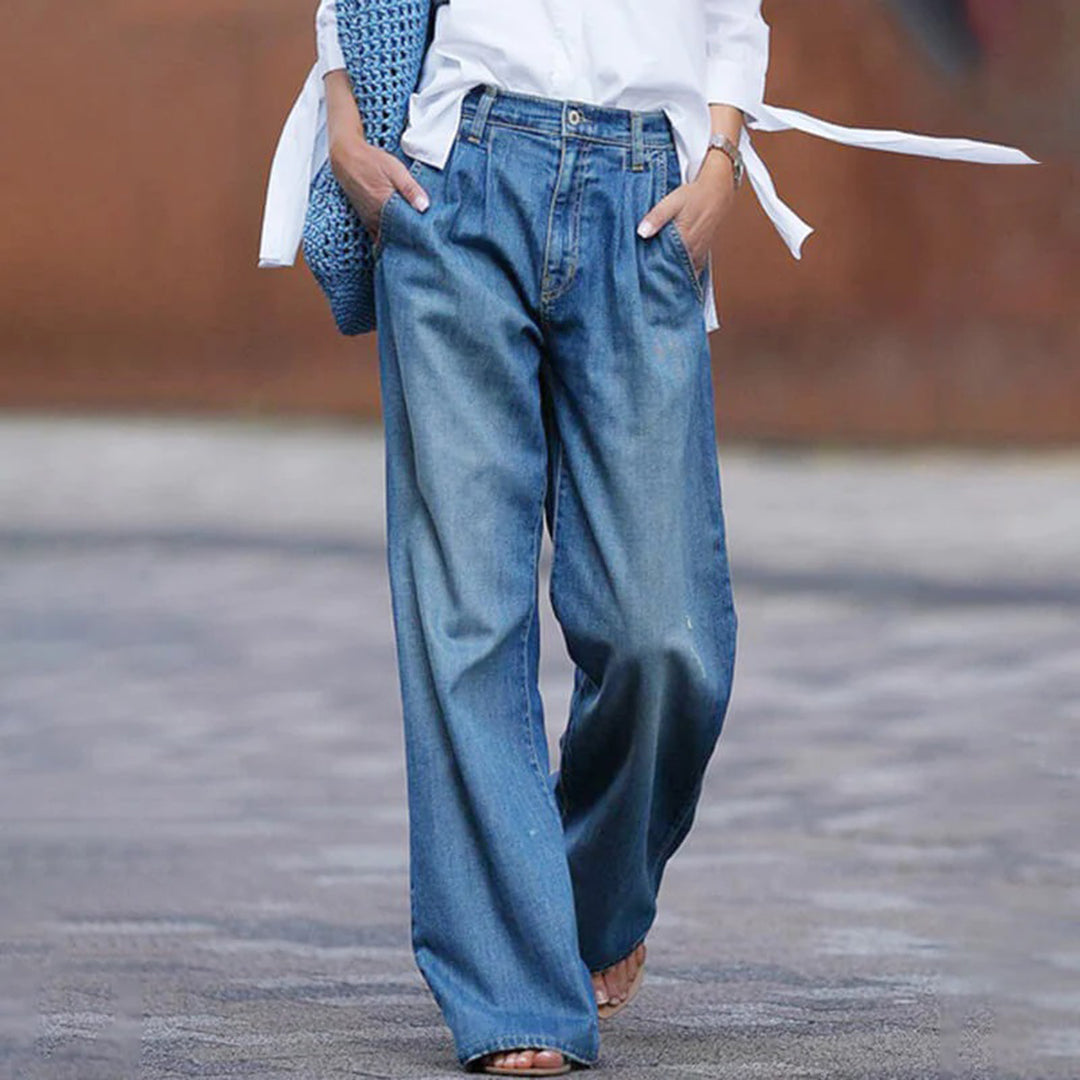 Jeans de mezclilla plisados de pierna ancha estilo streetwear para mujer