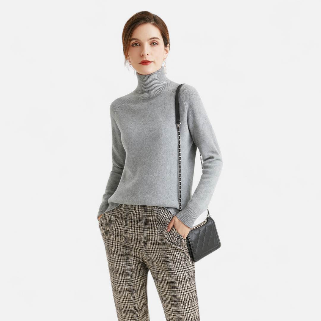 Women's Fashion Solid Coloured Merino Sweater with Mock-Neckline