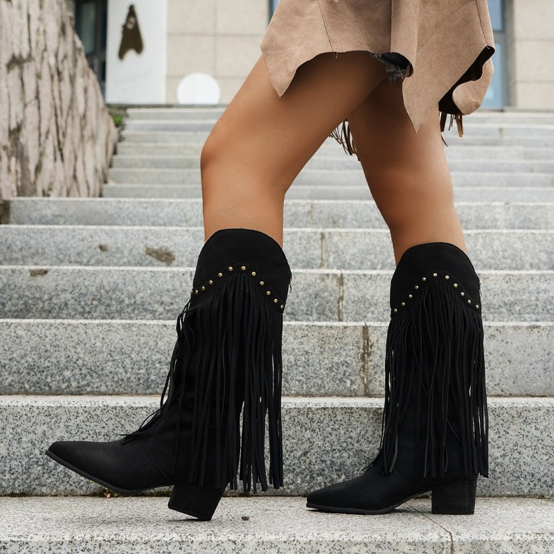 Women's Festive Traditional Fringe Cowboy Knee High Boots