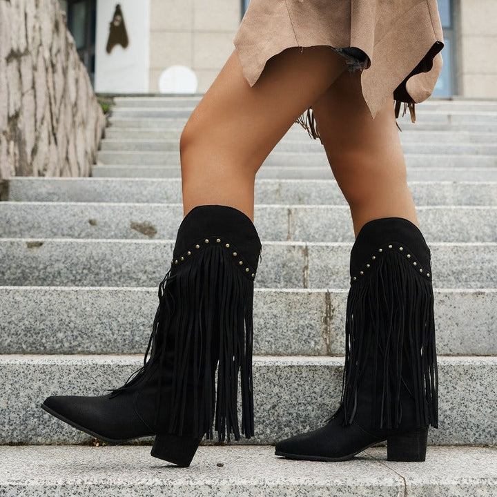 Women's Festive Traditional Fringe Cowboy Knee High Boots