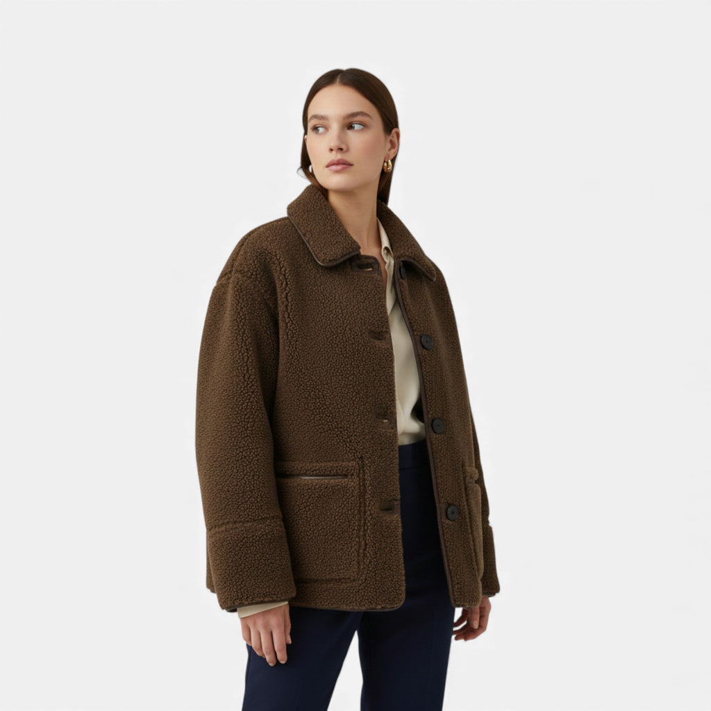 Women's Reversible Brown Teddy Jacket with Turn-Down Collar