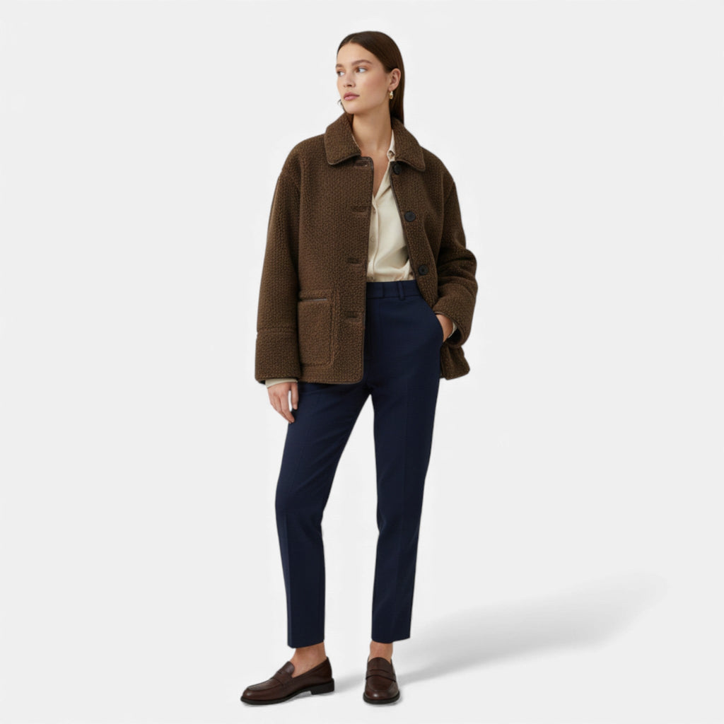 Women's Reversible Brown Teddy Jacket with Turn-Down Collar