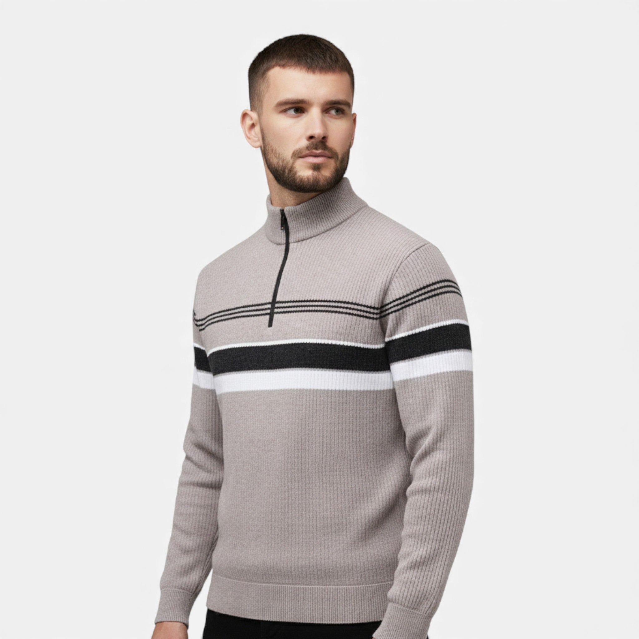 Men's Thick Half-Zip Striped Knit Sweater