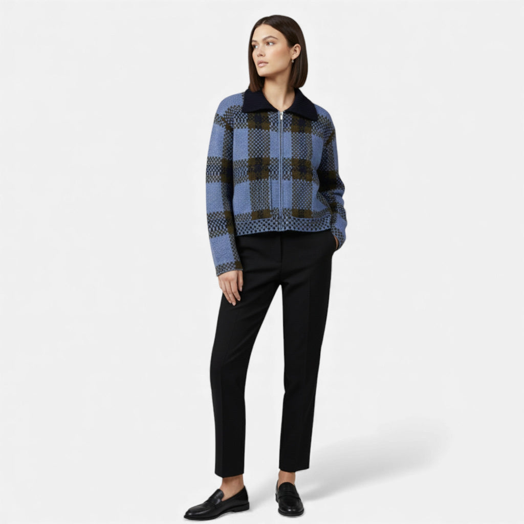 Women's Plaid Knitted Zipper Jacket with Turn-Down Collar