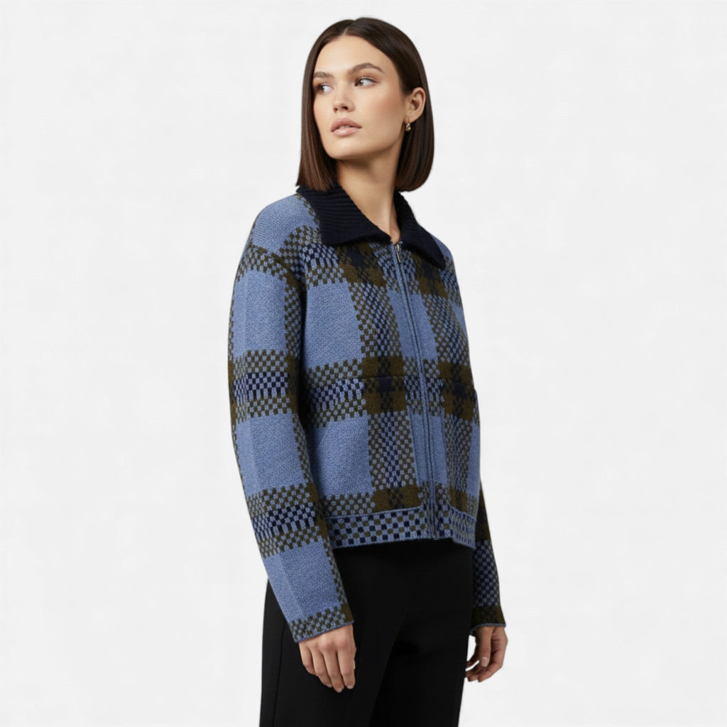 Women's Plaid Knitted Zipper Jacket with Turn-Down Collar