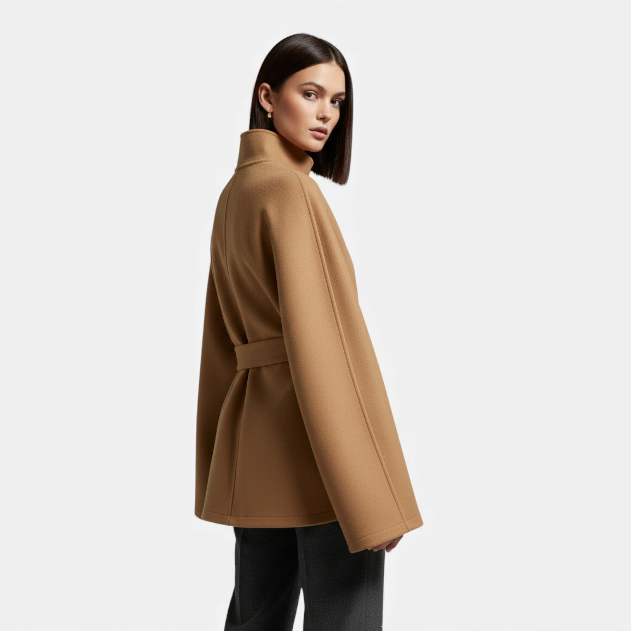 Women Short Belted Cape Coat