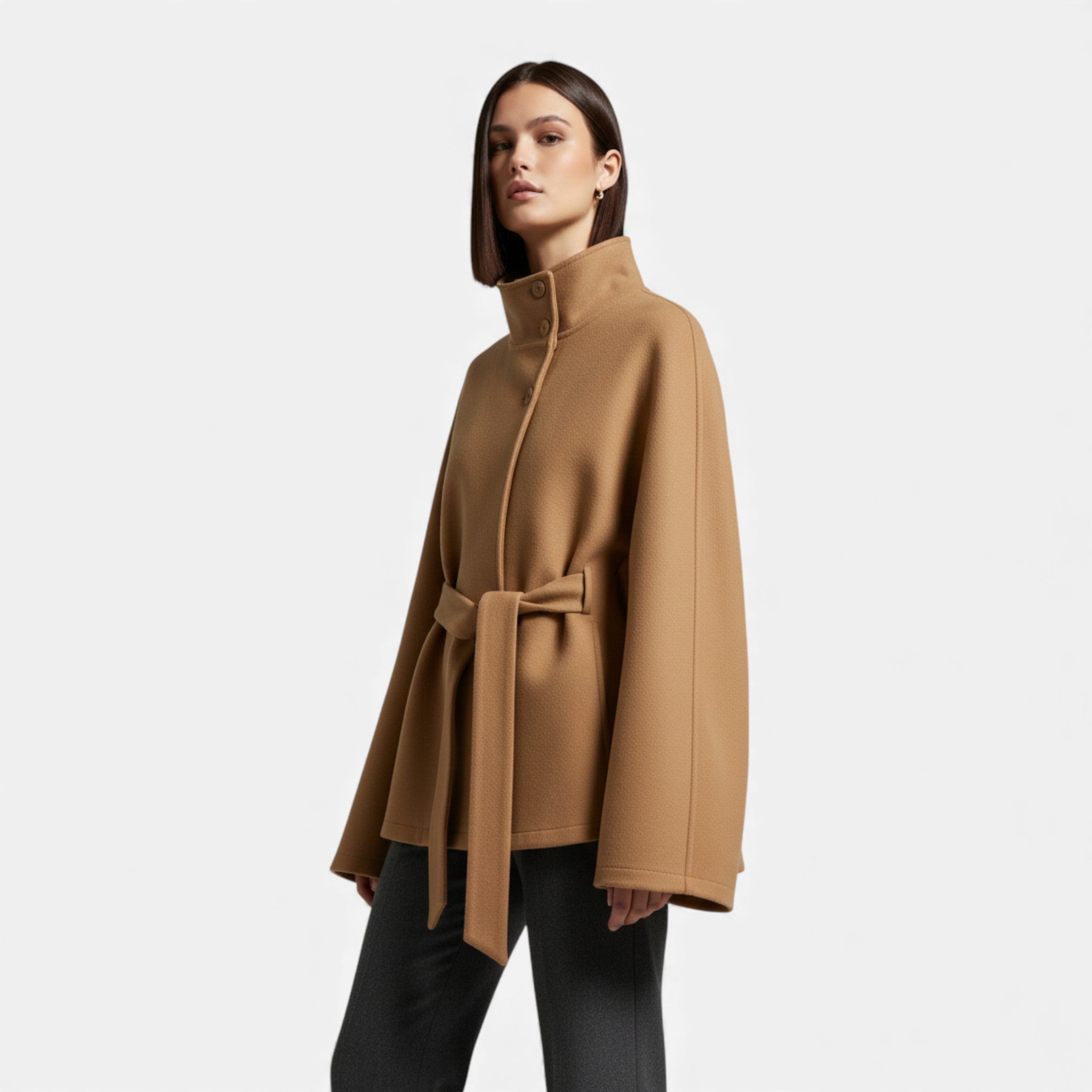 Women Short Belted Cape Coat