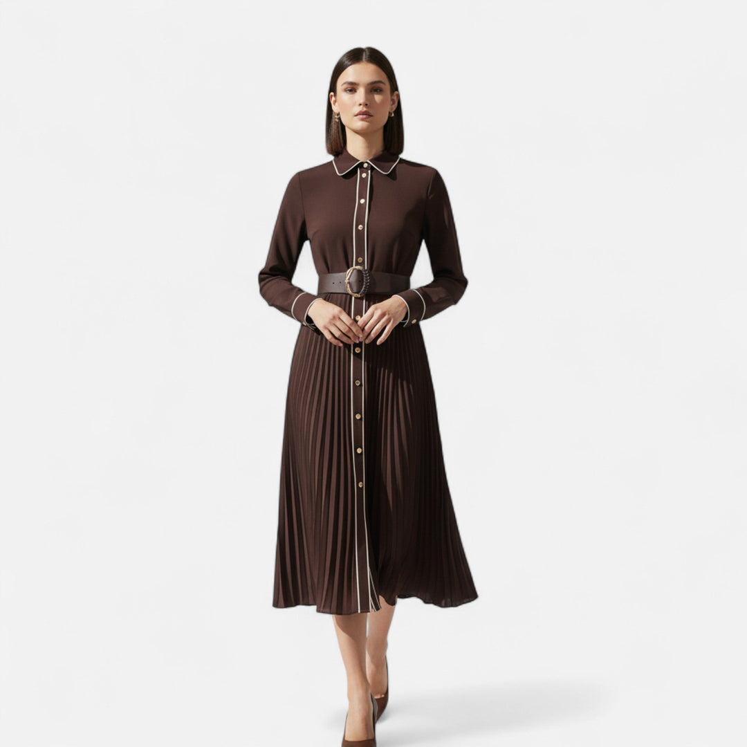 Vestito Midi da Donna con Maniche Lunghe in Chiffon e Colletto a Risvolto