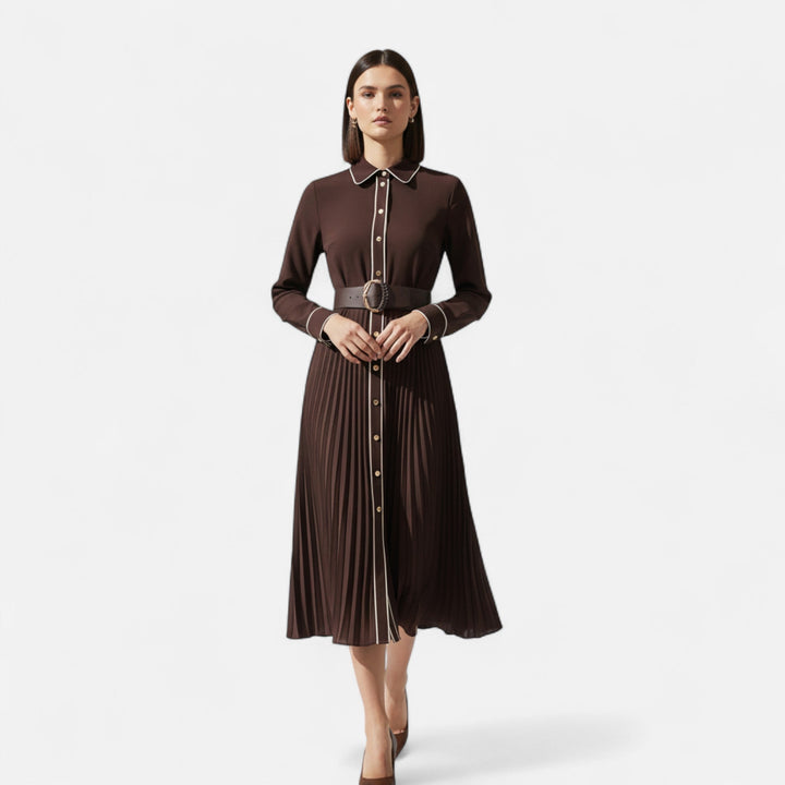 Vestito Midi da Donna con Maniche Lunghe in Chiffon e Colletto a Risvolto