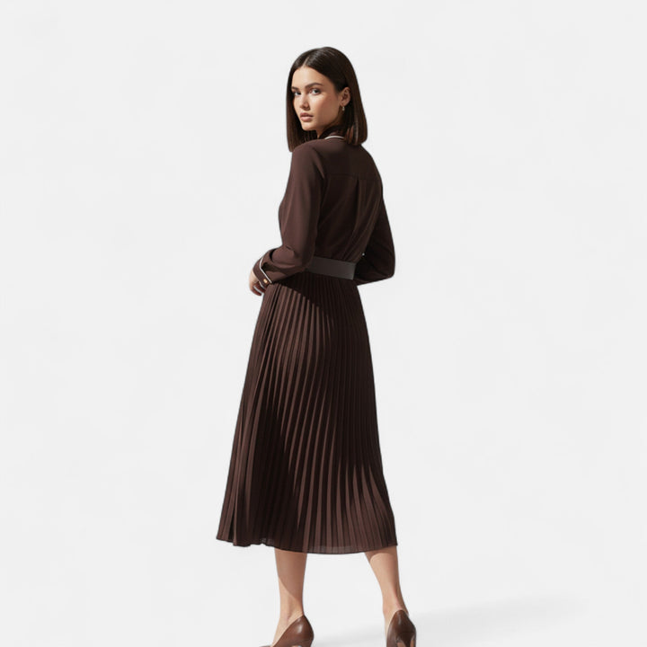 Vestito Midi da Donna con Maniche Lunghe in Chiffon e Colletto a Risvolto