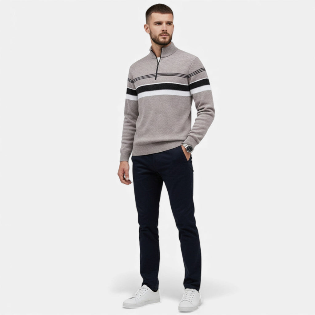 Men's Thick Half-Zip Striped Knit Sweater