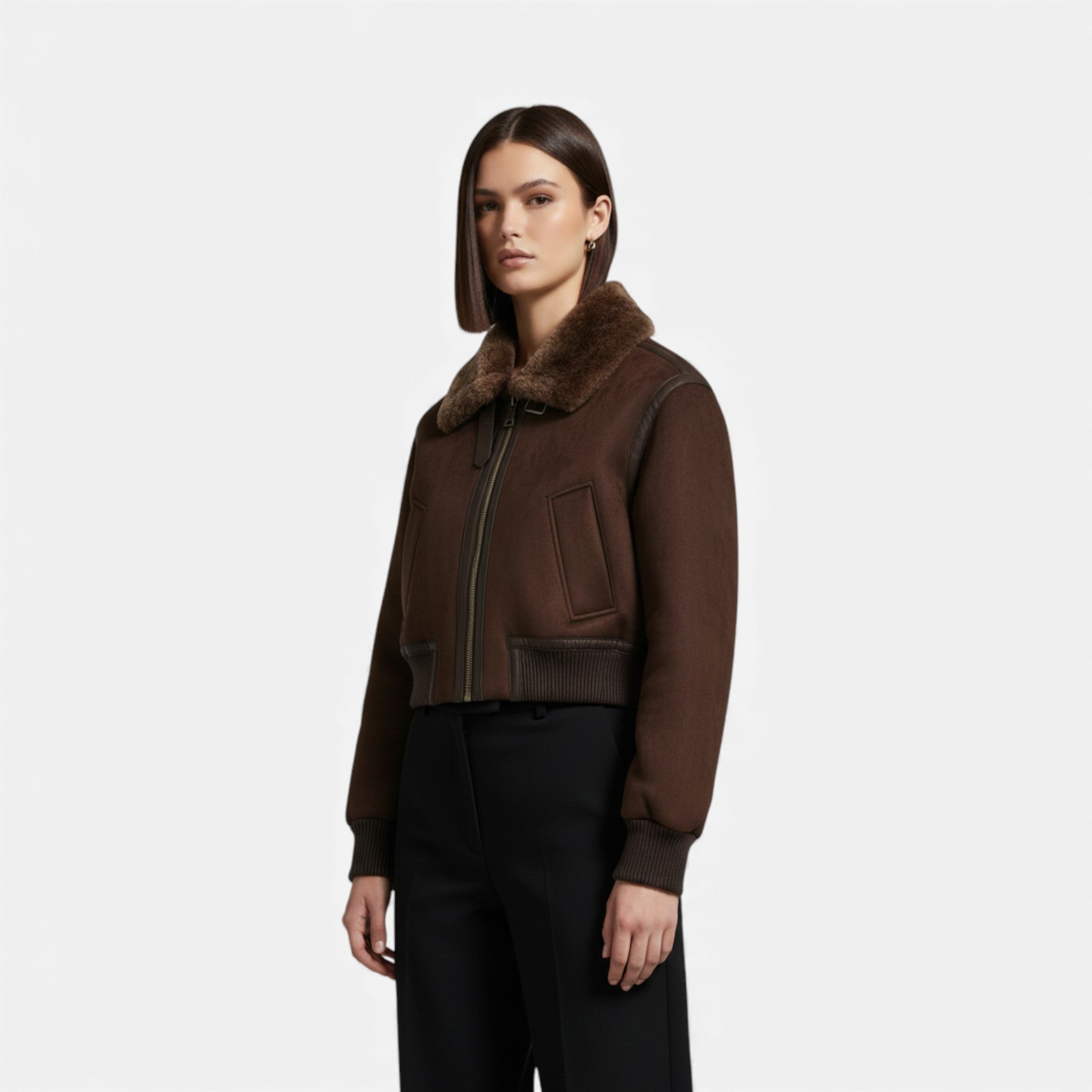 Women's Brown Bomber Jacket with Faux Fur Trim