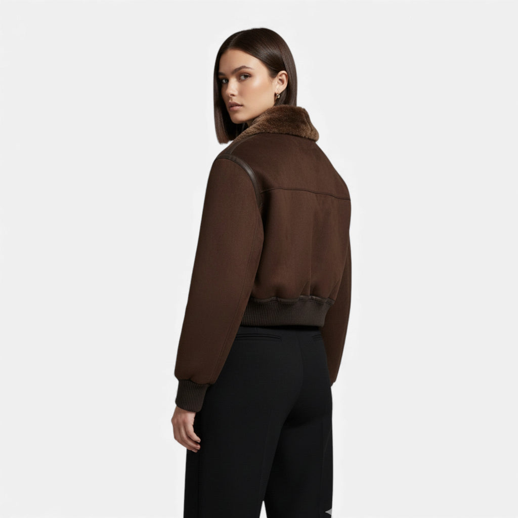 Women's Brown Bomber Jacket with Faux Fur Trim