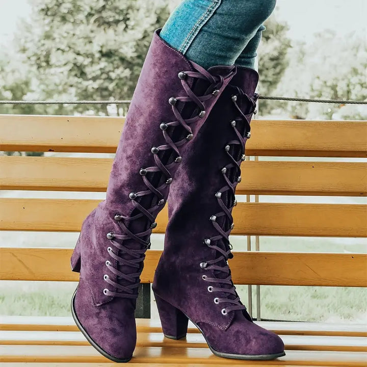 Botas exquisitas para mujer hasta la rodilla con cordones y tacón bloque