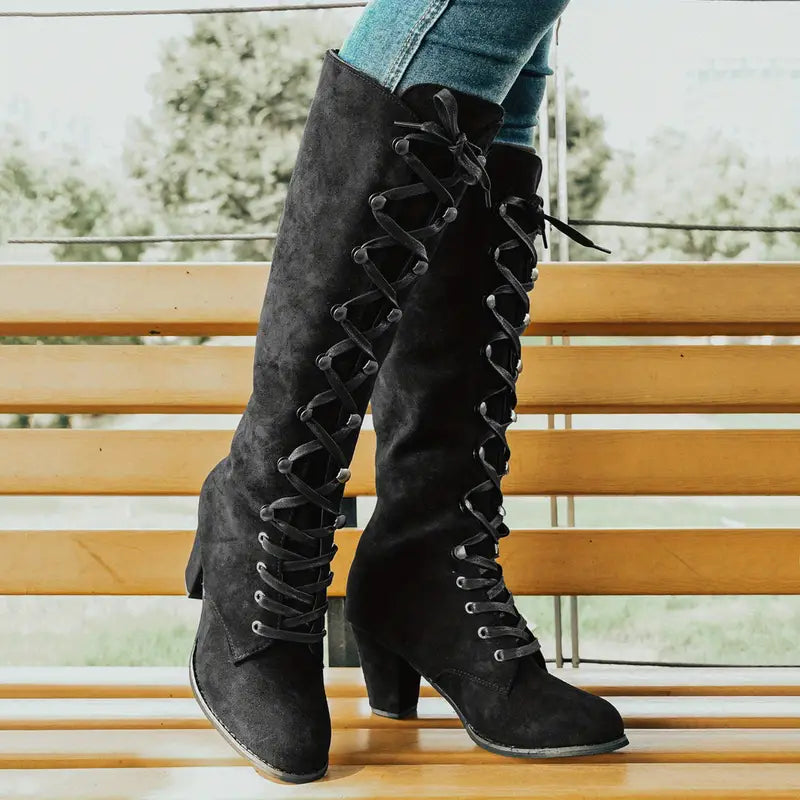 Botas exquisitas para mujer hasta la rodilla con cordones y tacón bloque