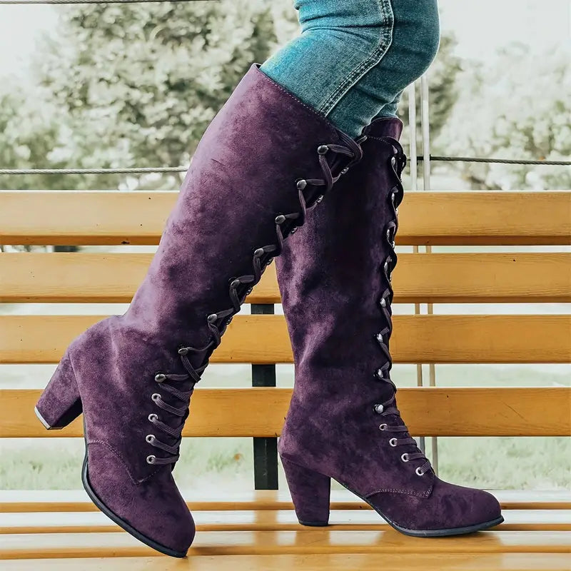 Botas exquisitas para mujer hasta la rodilla con cordones y tacón bloque