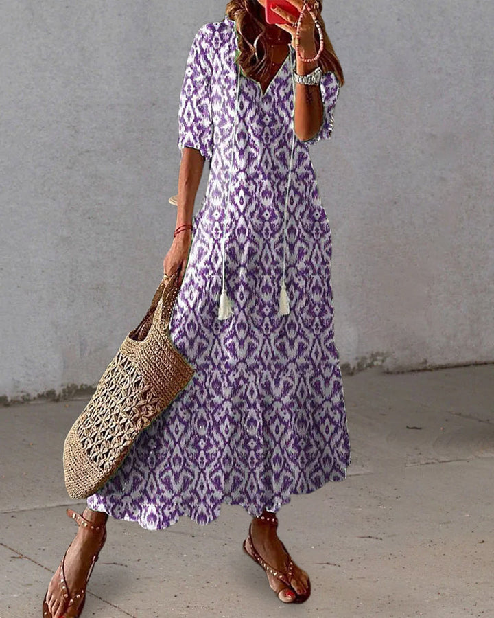 Vestidos de verano para mujer con mangas farol y estampado geométrico, corte en línea A y tela fluida