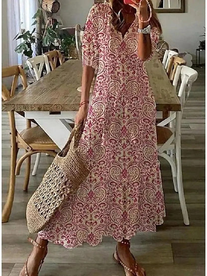 Vestidos de verano para mujer con mangas farol y estampado geométrico, corte en línea A y tela fluida