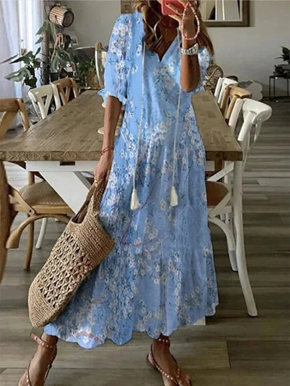 Vestidos de verano para mujer con mangas farol y estampado geométrico, corte en línea A y tela fluida