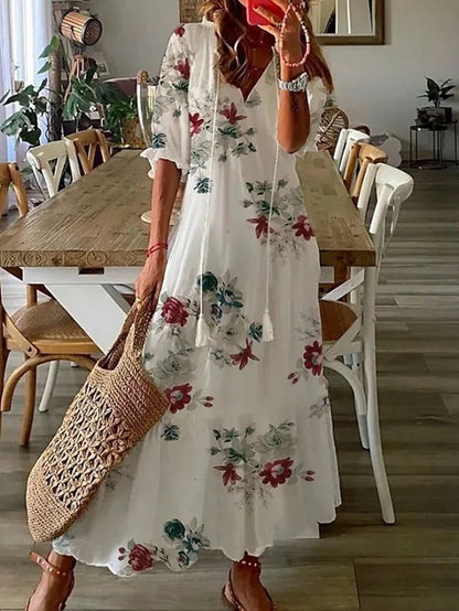 Vestidos de verano para mujer con mangas farol y estampado geométrico, corte en línea A y tela fluida