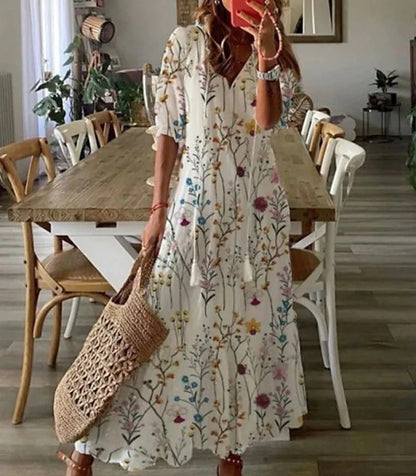 Vestidos de verano para mujer con mangas farol y estampado geométrico, corte en línea A y tela fluida