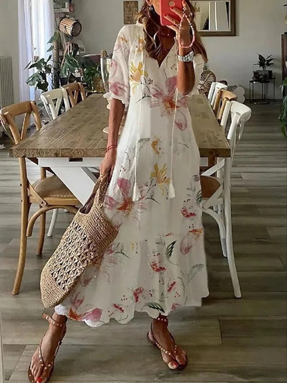 Vestidos de verano para mujer con mangas farol y estampado geométrico, corte en línea A y tela fluida