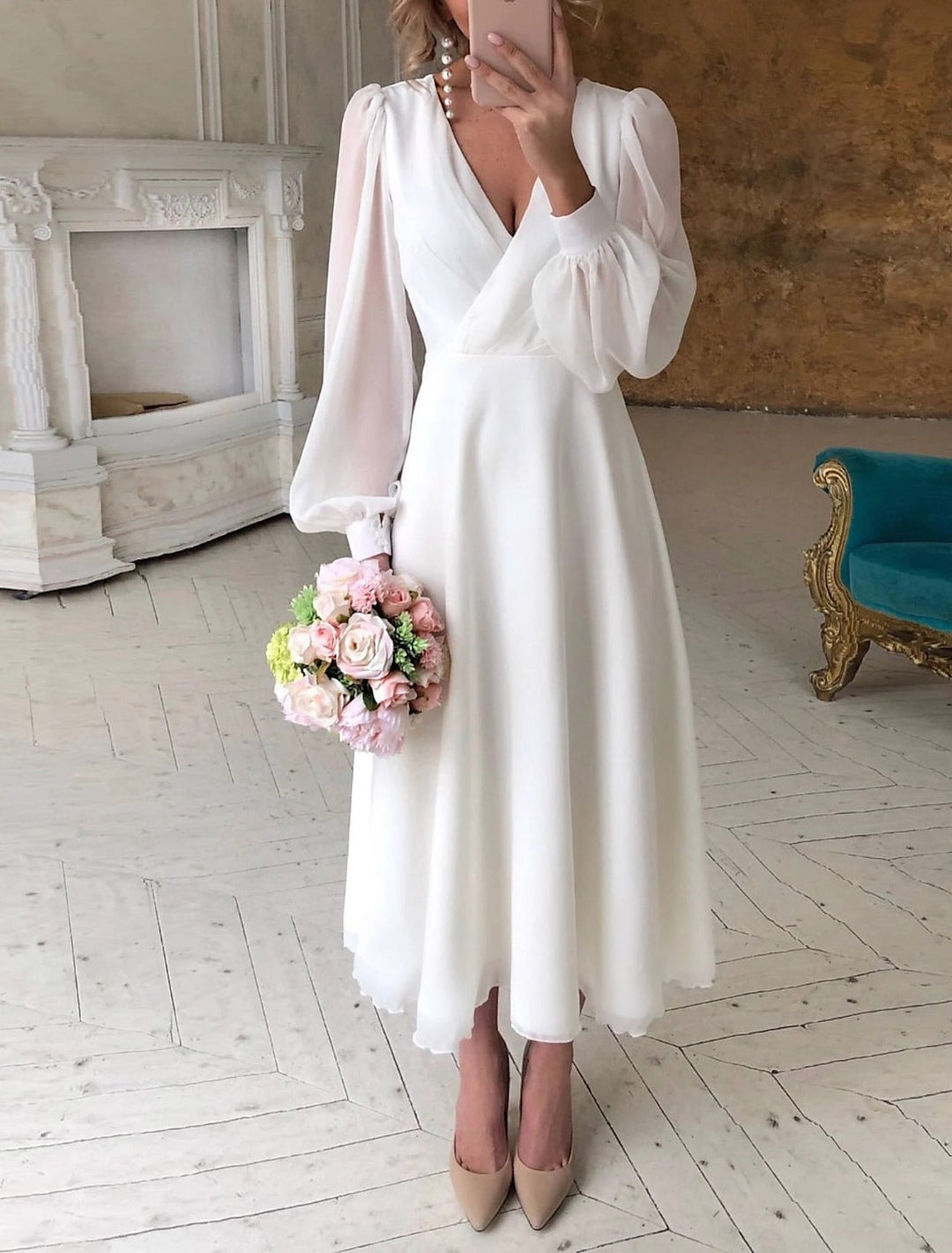 Women's Formal Airy Stylish Long Sleeve Wrap-style Cocktail Dress
