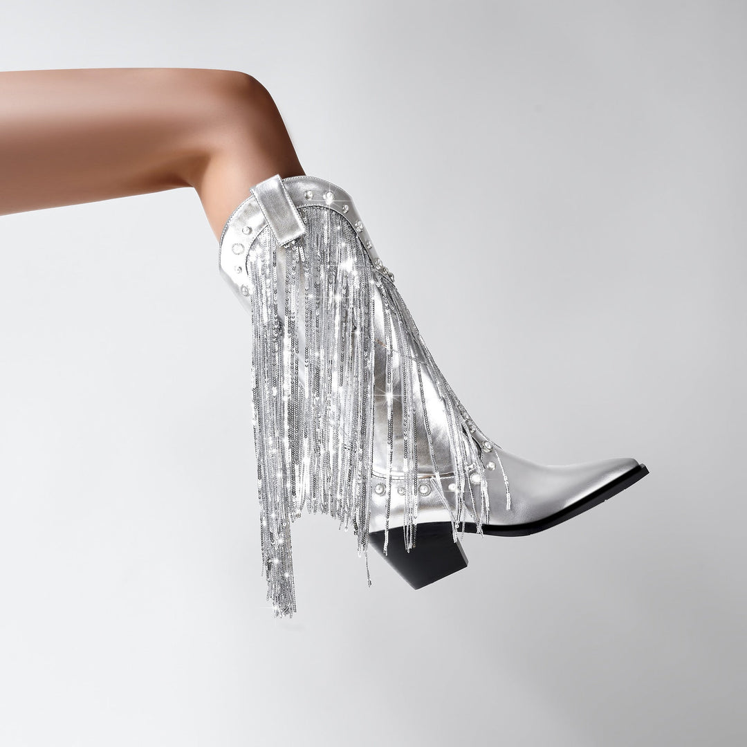 Botas vaqueras elegantes y brillantes con flecos para mujer, para exteriores y eventos nocturnos