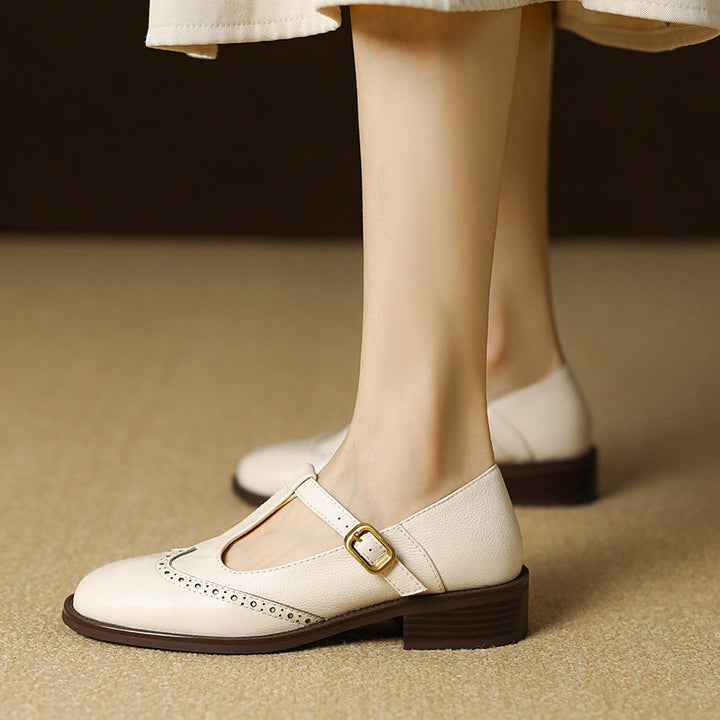 Leather T-Strap Block Heel Shoes