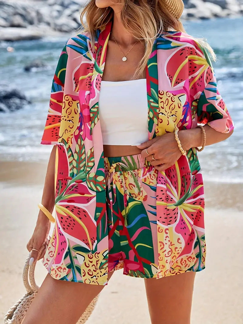 Floral Kimono Cardigan and Shorts Set