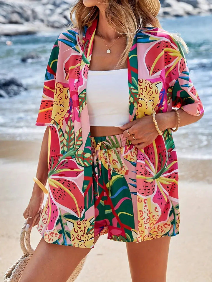 Floral Kimono Cardigan and Shorts Set