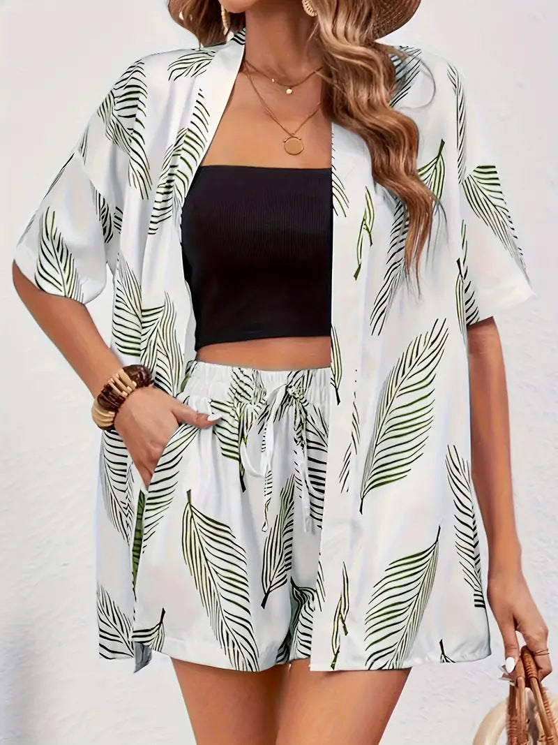 Floral Kimono Cardigan and Shorts Set