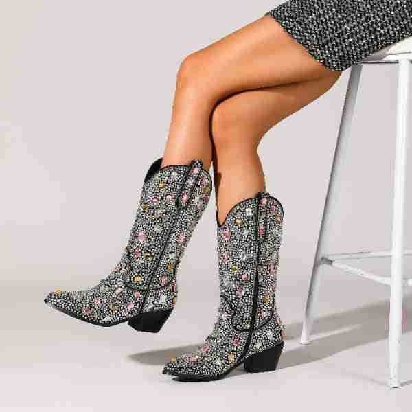 Women's Fashion Western Rhinestones Mid-Calf Cowboy Boots