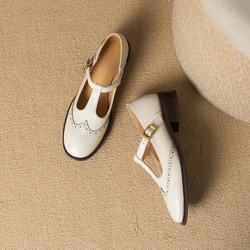 Leather T-Strap Block Heel Shoes