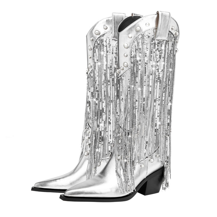 Botas vaqueras elegantes y brillantes con flecos para mujer, para exteriores y eventos nocturnos