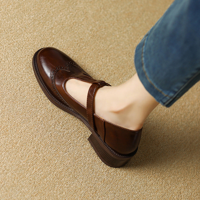 Leather T-Strap Block Heel Shoes