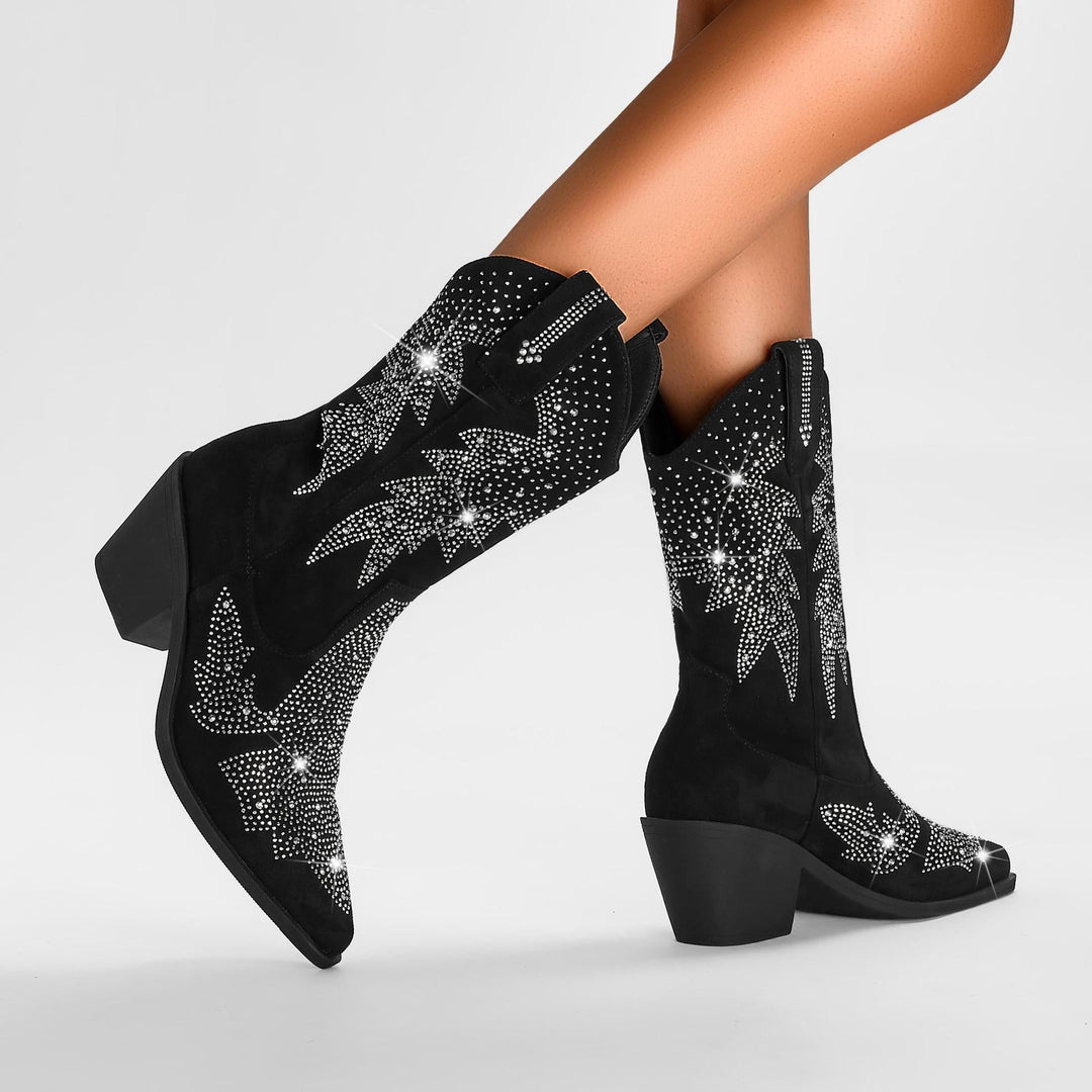 Versatile Glamorous Rhinestone Mid Calf Cowboy Boots for Women