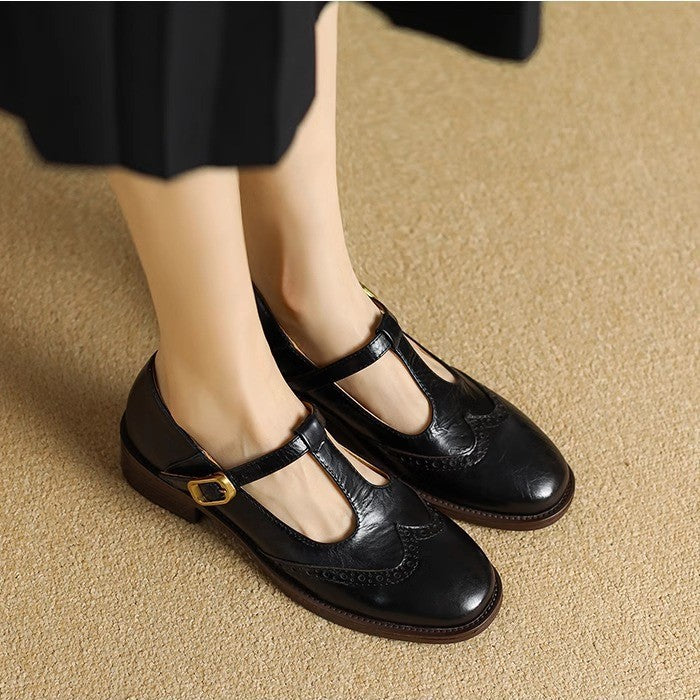 Leather T-Strap Block Heel Shoes