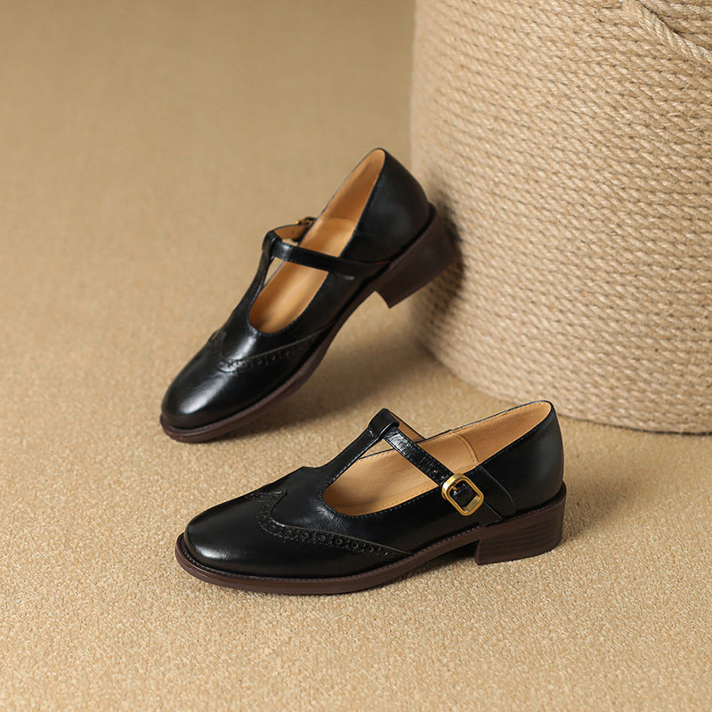 Leather T-Strap Block Heel Shoes