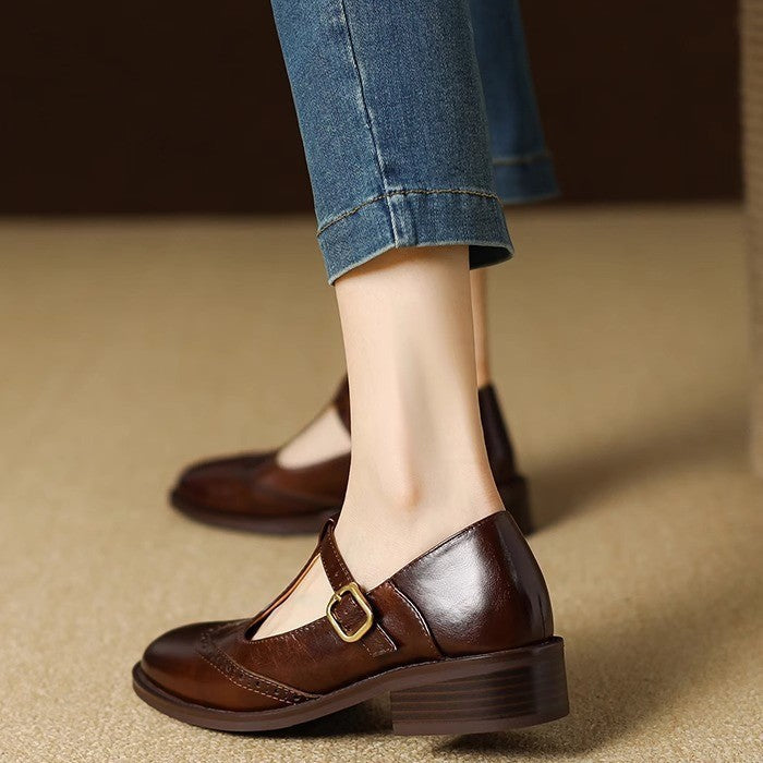 Leather T-Strap Block Heel Shoes