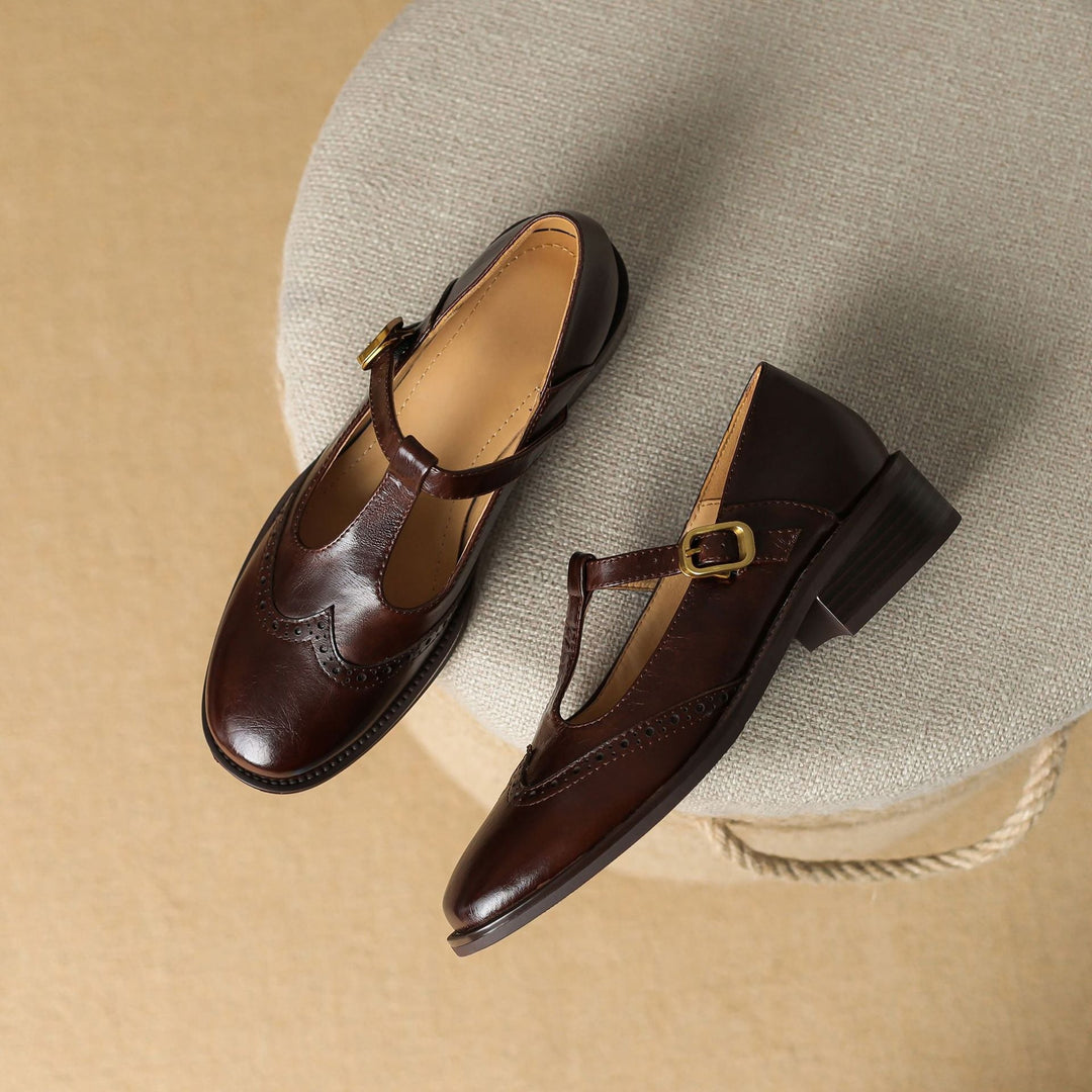 Leather T-Strap Block Heel Shoes