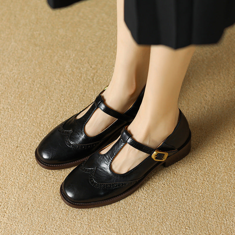 Leather T-Strap Block Heel Shoes