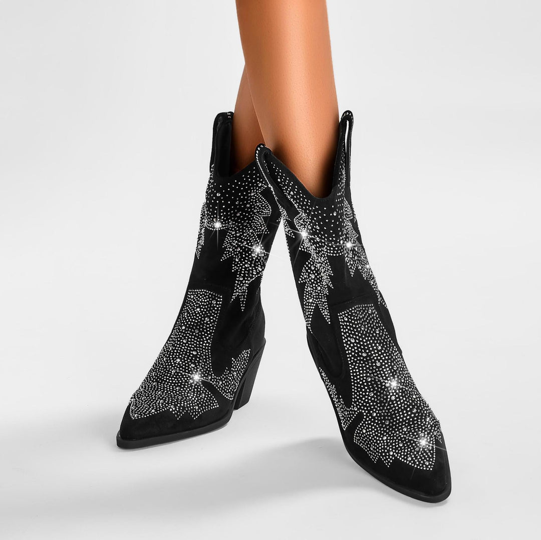 Versatile Glamorous Rhinestone Mid Calf Cowboy Boots for Women
