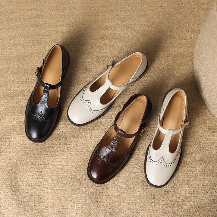 Leather T-Strap Block Heel Shoes