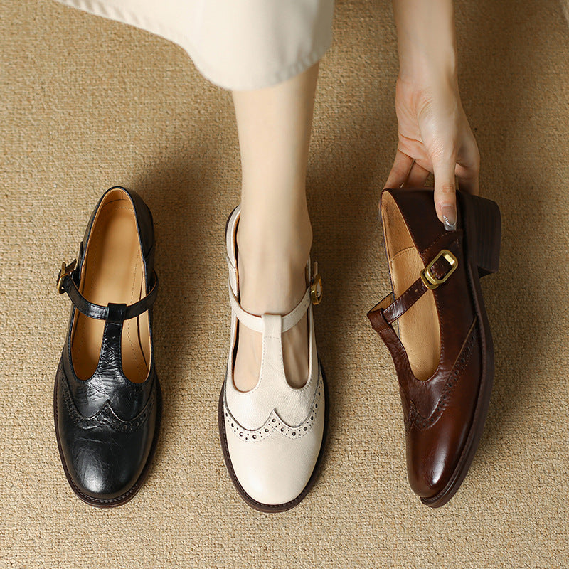 Leather T-Strap Block Heel Shoes