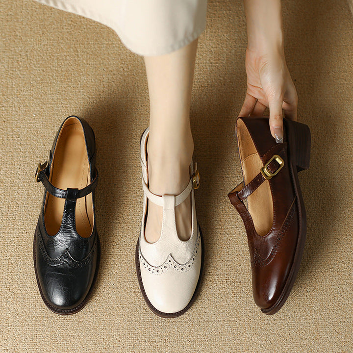 Leather T-Strap Block Heel Shoes