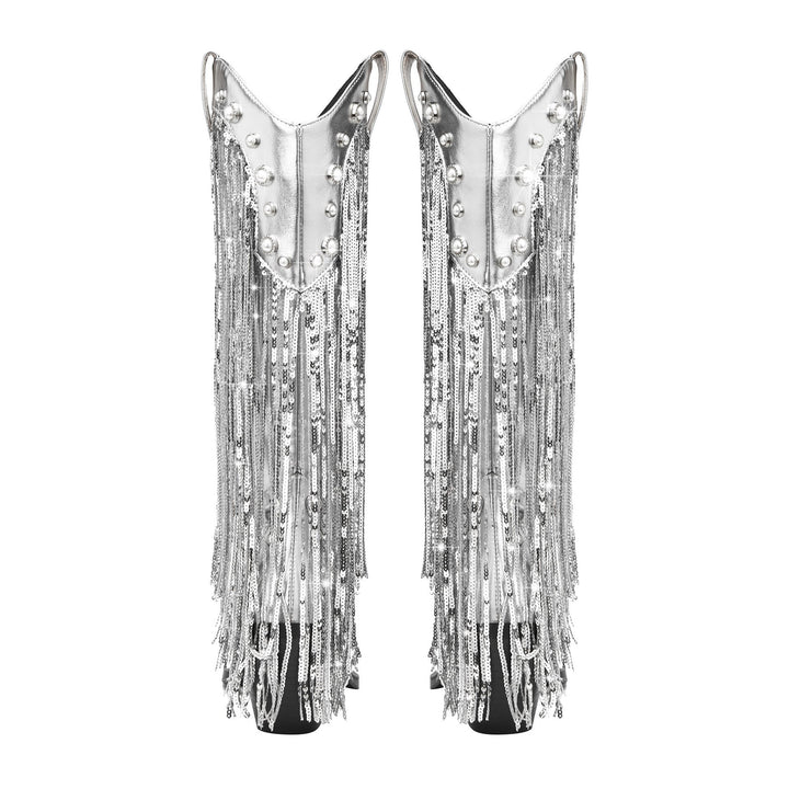 Botas vaqueras elegantes y brillantes con flecos para mujer, para exteriores y eventos nocturnos